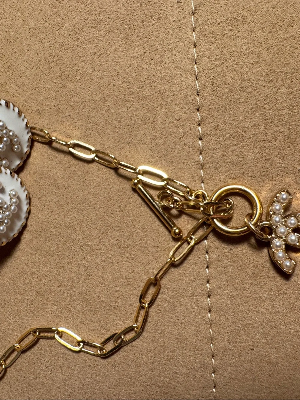 Pearl CC Button Earrings - White and Gold